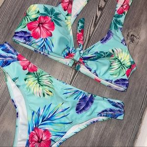 SHEIN Blue Tropical Floral Tie Bikini Set